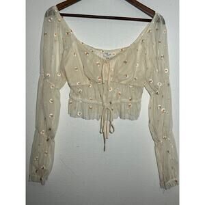 Les Lis Ivory Mesh Crop Top With Embroidered Daisies Cottagecore size S